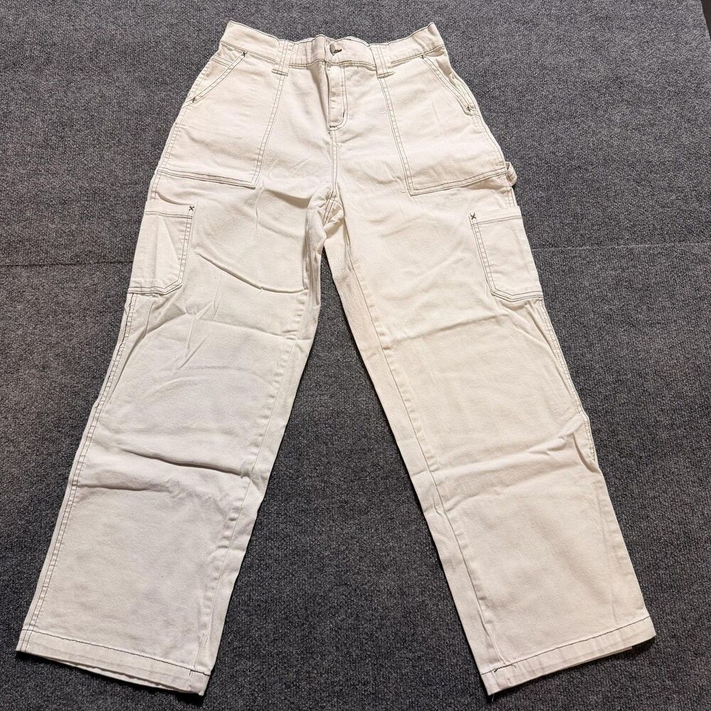 No Comment Carpenter Pants Womens Large White Denim Elastic Waist Pockets